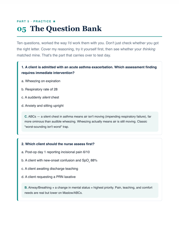 Worked NCLEX questions with rationales